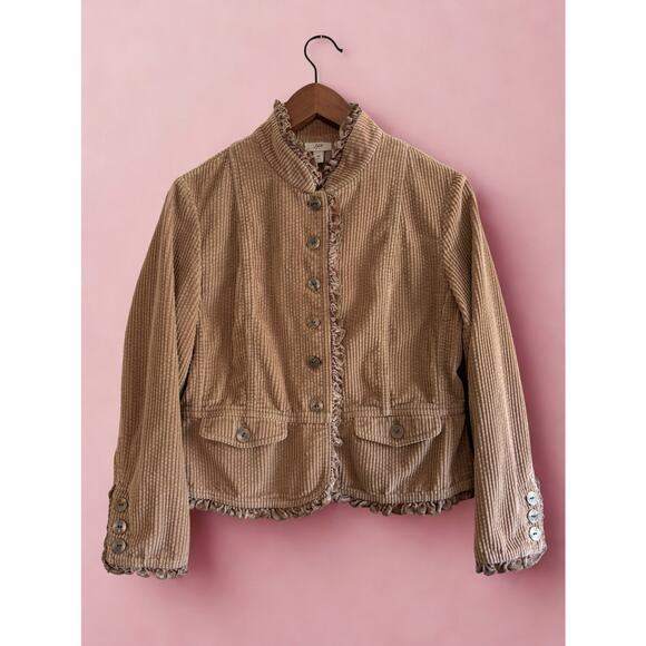 J.Jill Small Petite Corduroy Jacket | Tan Velvet Ruffle Trim | Boho - Picture 1 of 12
